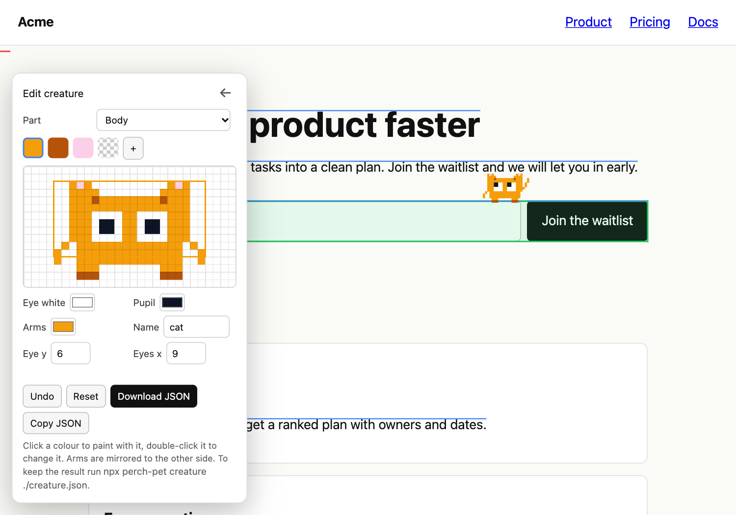 The pixel editor in the Perch tuner with a palette and eye controls