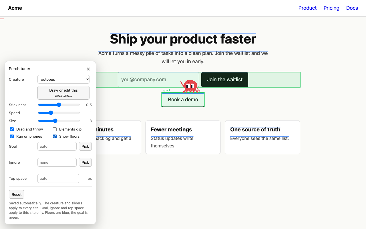 A web page with a pixel creature on it and the Perch customize panel open in the browser extension