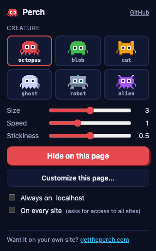 The Perch extension popup with six creatures, sliders and the Show on this page button