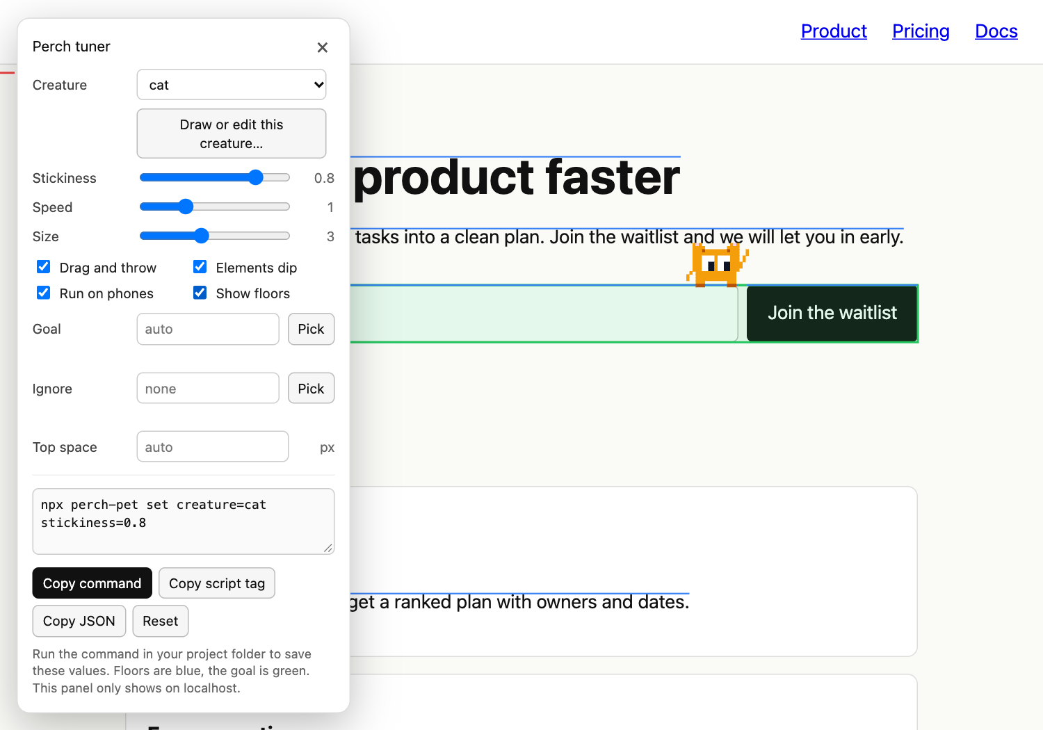 The Perch tuner panel on localhost with sliders, a creature picker and blue floor lines over the page